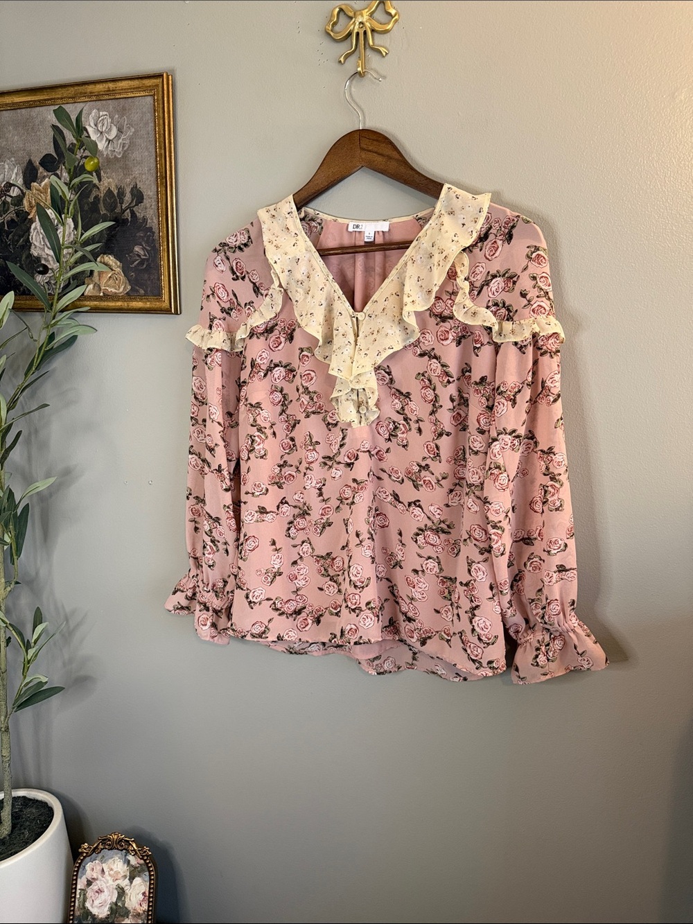 DR2 Pink Rose Floral Ruffle Blouse Small Cottagecore Romantic Boho - Picture 2 of 11